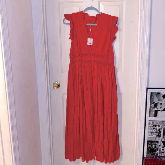 Free People Red Eyelet Sleeveless Button Front Dress - Picture 2 of 9
